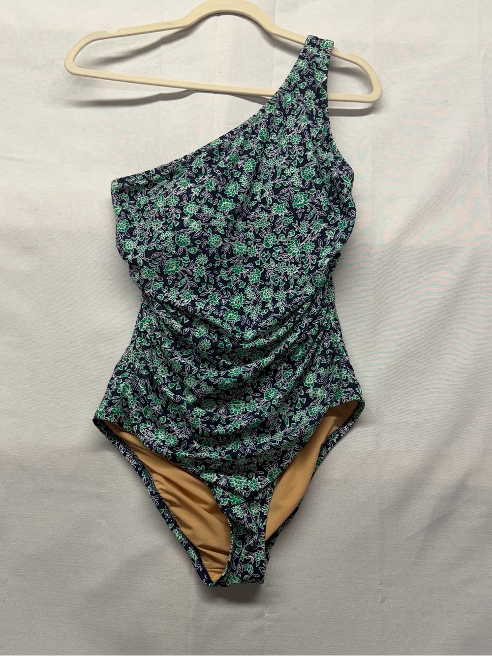 J Crew One-Shoulder Floral Ruched Swimsuit in Navy and Green size small